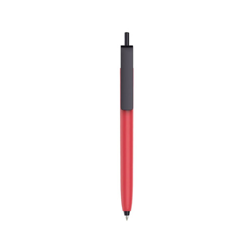 A push button pen featuring a bright red barrel and a black cap, complete with a logo on the cap.