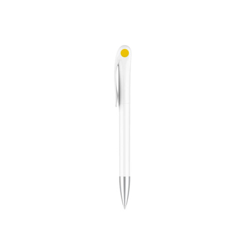 A plastic pen with a creamy white barrel and a yellow accent, featuring a silver tip and clip.