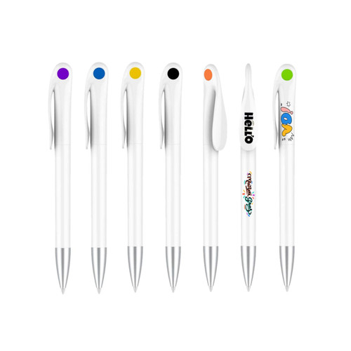 A set of plastic pens featuring creamy white barrels, with various coloured caps and decorative designs.