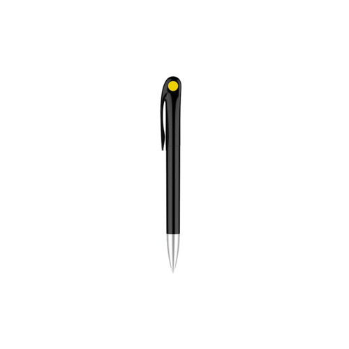 A black plastic pen with a yellow accent and a silver tip, featuring a clip and branding.