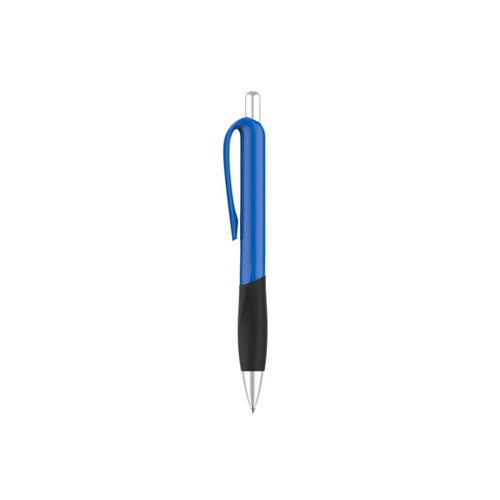 A blue plastic pen with a black grip and a chrome clip, featuring a branding logo.