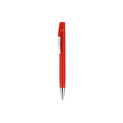 A red pen with a silver clip, featuring a sleek design and a polished finish. It has a logo on the barrel.