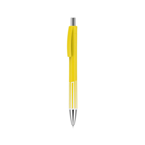 A yellow plastic pen with a sleek design and silver tip, featuring a clip and three white stripes on the barrel.