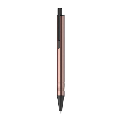 A rose gold pen with a sleek design and black tip. The pen features a clip and a textured grip.