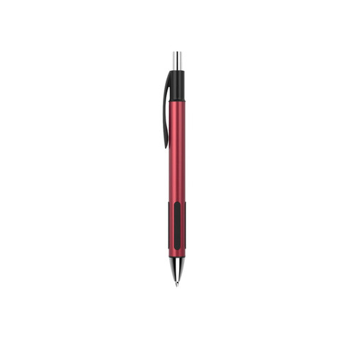 A plastic pen in a vibrant red colour with a black grip and clip, featuring a logo on the body.
