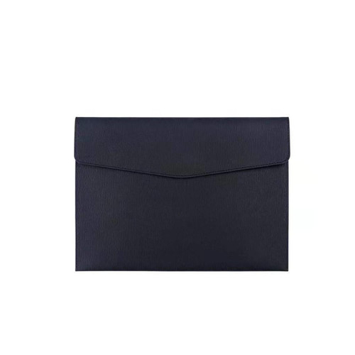 A sleek black PU leather A4 file bag with a flap closure and minimalistic design, featuring a logo.