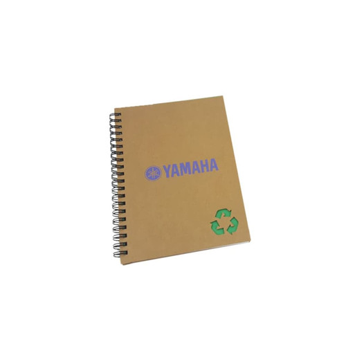 A brown spiral-bound notebook featuring a logo and a recycling symbol. The cover has a textured finish.