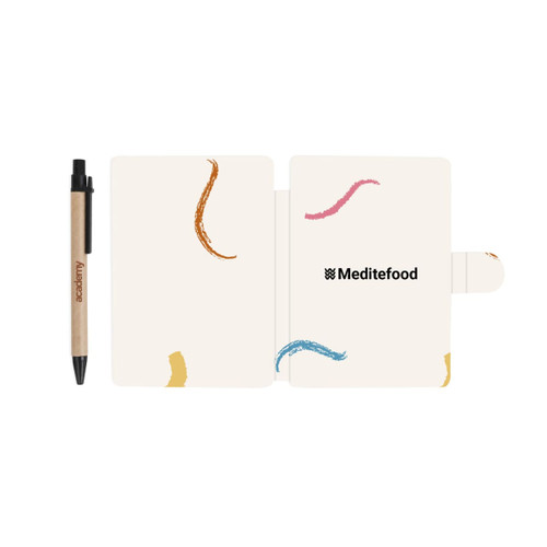 A Sticky Note Wallet in cream with colourful abstract designs, accompanied by a black pen. Features a logo.
