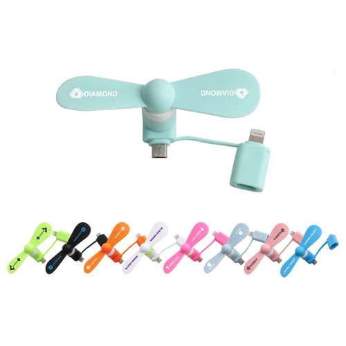 A teal 2 in 1 smartphone fan is displayed alongside fans in various colours, including pink, black, and neon shades.