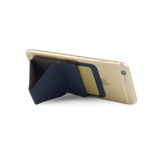 A navy PU phone stand card holder positioned at the back of a gold smartphone, featuring a card slot.