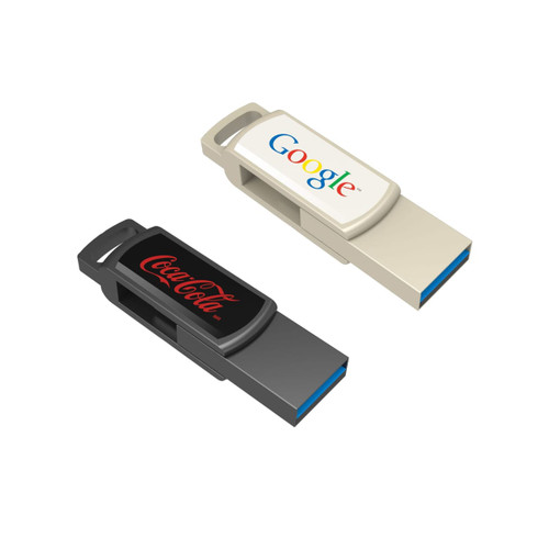 Two promotional flash drives, one in beige with a logo and the other in black with a different logo, featuring blue accents.
