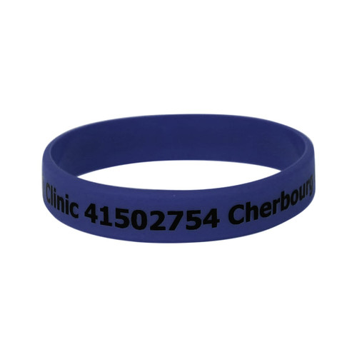 A blue silicone wristband featuring black text and a logo. Ideal for promotions or events.