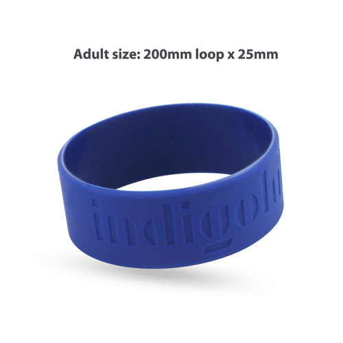 A blue debossed silicon wristband featuring a logo, sized at 200mm loop x 25mm width.