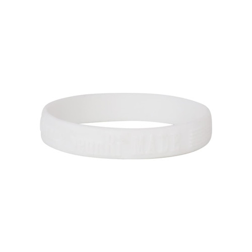 An embossed white silicone wristband with a logo, featuring a smooth surface and a circular form.
