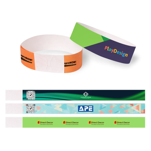 Full colour disposable Tyvek wristbands in orange, green, blue, and teal, featuring various designs and logos.