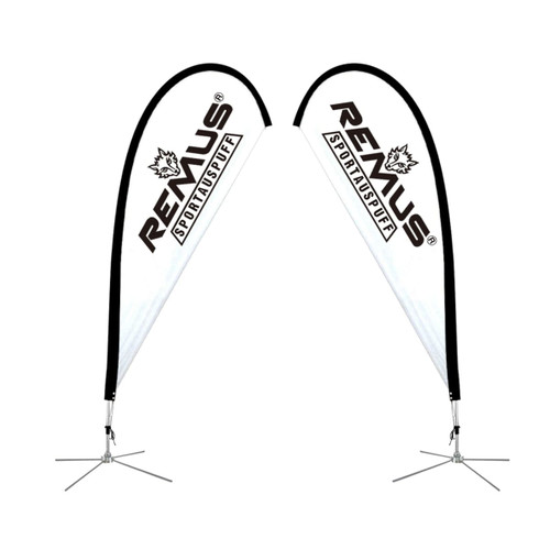 Two medium teardrop banners in white and black, featuring a logo, with a height of 13ft and a wide base.