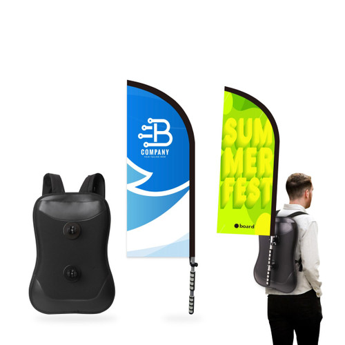 A black backpack featuring two colourful, curved flags with logos and designs, displayed from different angles.
