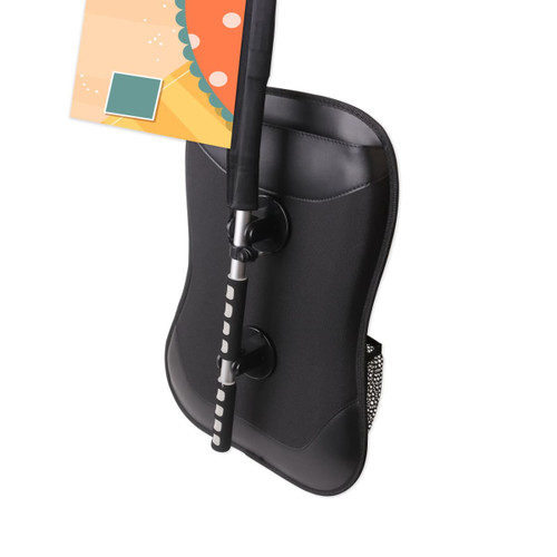 A black Feather Backpack Flag with a pole for attaching promotional graphics. The design features a colourful banner.