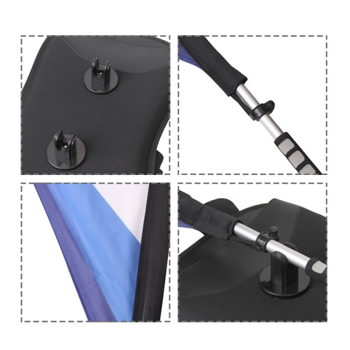 A Feather Backpack Flag in blue and black, featuring mounting hooks and adjustable straps for secure attachment.