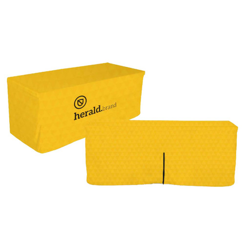 A yellow fitted tablecloth with a zipper back, featuring a logo on one side.