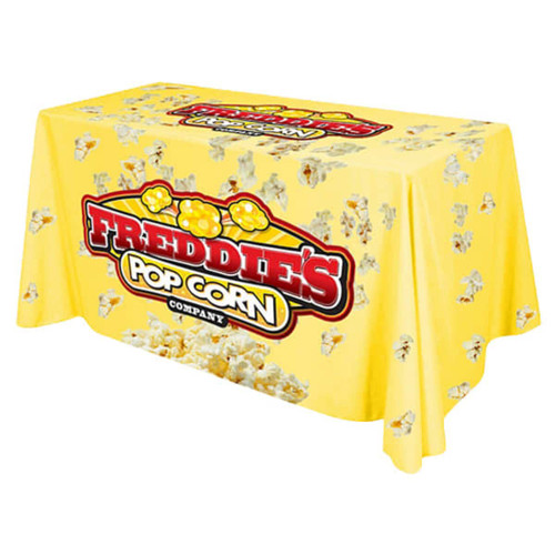 A yellow 4-sided throw table cloth featuring popcorn graphics and a logo. Suitable for an 8ft table.