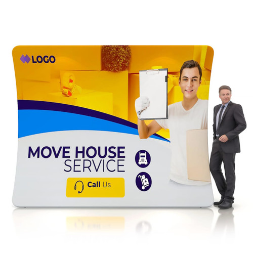 A U-shaped tension fabric display wall featuring a friendly professional with a clipboard. The display has vibrant yellow and blue colours.