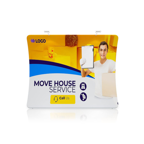 A promotional U-shaped tension fabric display wall featuring bright colours and a logo, advertising a moving house service.