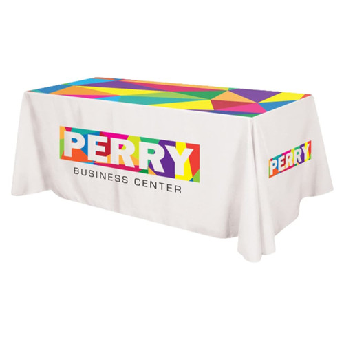 A 3-sided throw table cloth in white with a multicoloured geometric design and a logo. Suitable for a 4ft table.