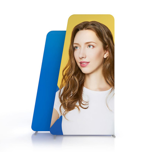 Inclined Display Wall Set featuring two panels, one blue and one featuring a model against a yellow background.