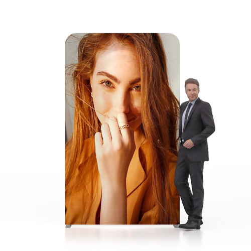 A 1.5m straight tension fabric display wall featuring a close-up image of a woman with red hair, set against a white background.