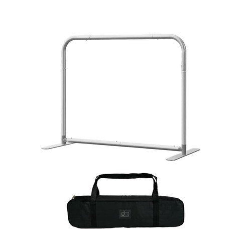 A silver sidewalk cafe barrier with a black carry bag, designed for exhibitions and events signage.