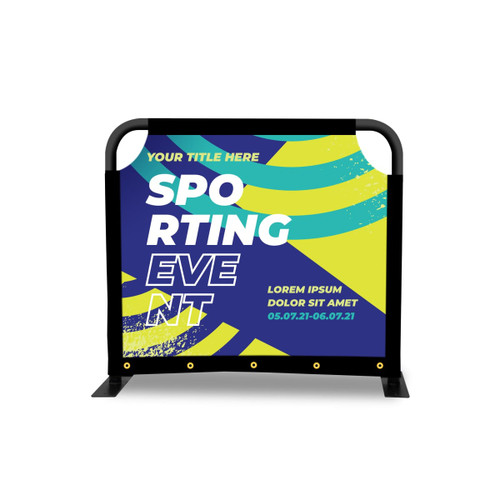 A promotional sidewalk cafe barrier featuring a vibrant blue and yellow design with a black frame.