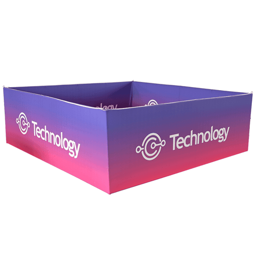 A square hanging banner in gradient purple and pink featuring a logo on the side.