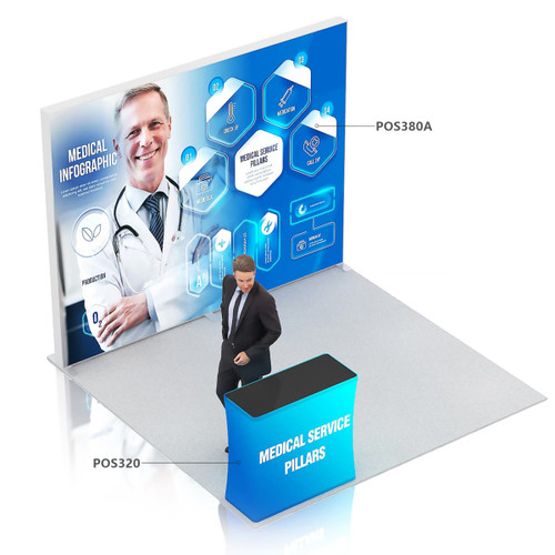 A large backlit display with a medical theme, featuring a doctor image and informational graphics, alongside a sleek counter.