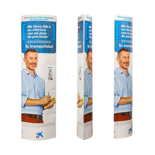A tall, vertical cardboard display stand featuring a man holding a drink bottle, primarily in white with blue accents.