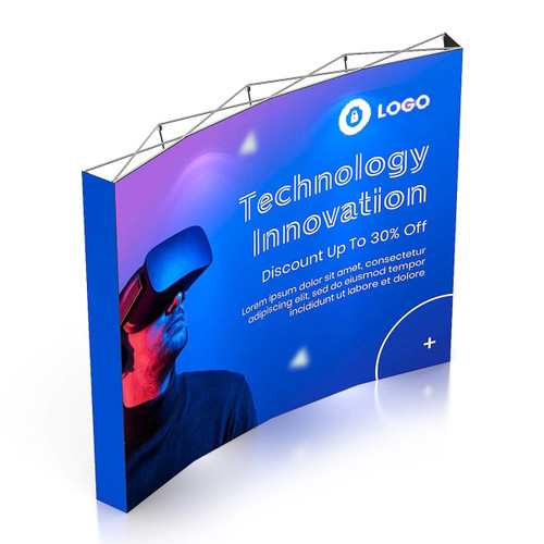A curved pop-up display wall in blue with a promotional design features a person wearing virtual reality goggles and a logo.