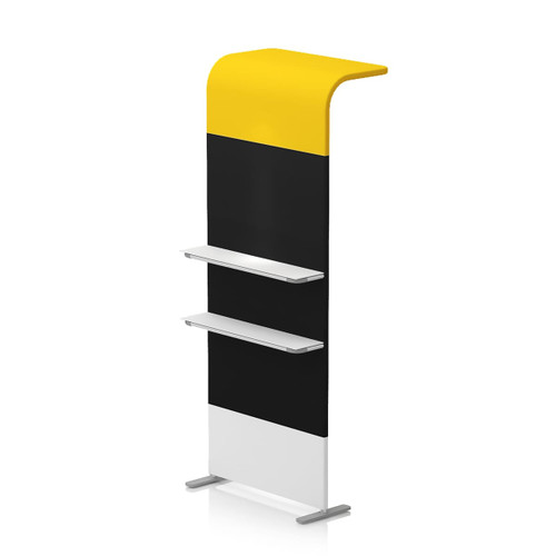 A promotional display stand featuring black, yellow, and white colours with three shelves for products.