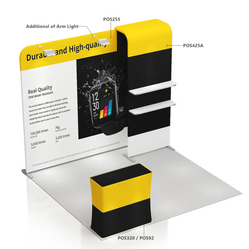 A tension fabric display stand with black and yellow design, features shelves and an additional arm light.