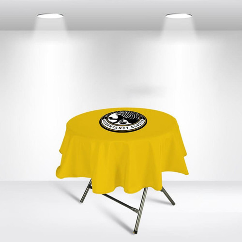 A round table cover in vibrant yellow featuring a logo in the centre, displayed under bright lights.