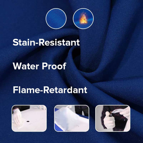 A close-up of a dark blue fabric featuring qualities like stain-resistant, waterproof, and flame-retardant, with branding.