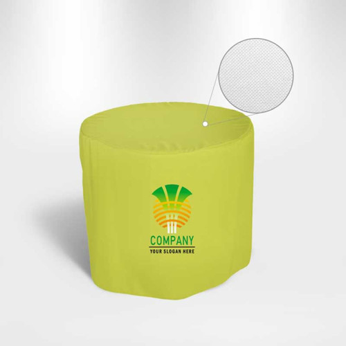 A round fitted table cover in bright lime green, featuring a logo and a textured pattern.