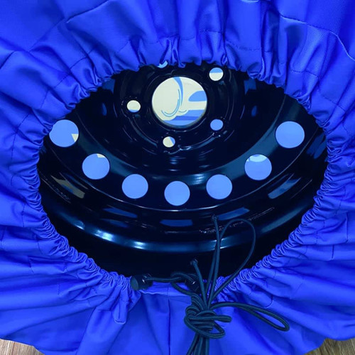 A blue spare tyre cover with a black inner section and circular cutouts, featuring a drawstring for fastening.