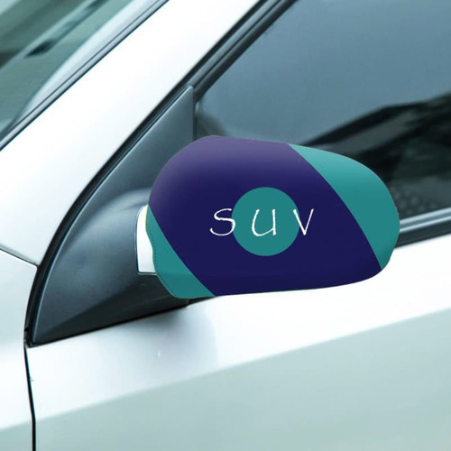 A car mirror cover for SUVs, featuring a blue and teal design with a logo.
