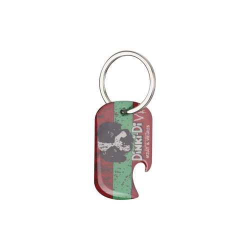 A drink bottle opener keyring in red, green, and black with a dog-themed design and a metal keyring.