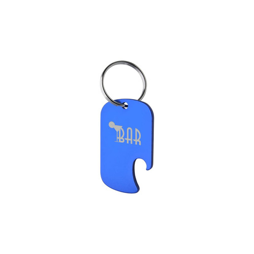 A drink bottle opener keyring in blue with a rounded design and attached metal ring. Features a logo.