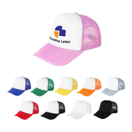 A trucker cap featuring a white front, pink mesh back, and multiple colour options below. Includes a logo.