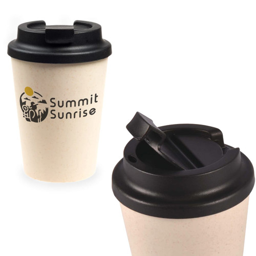 A drink cup in beige featuring a black comfort lid and a logo on its side.