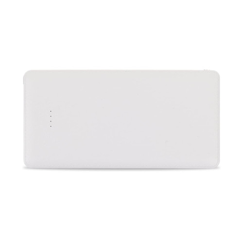 A white power bank with a sleek design and four indicator lights on one side. It features a branding logo.