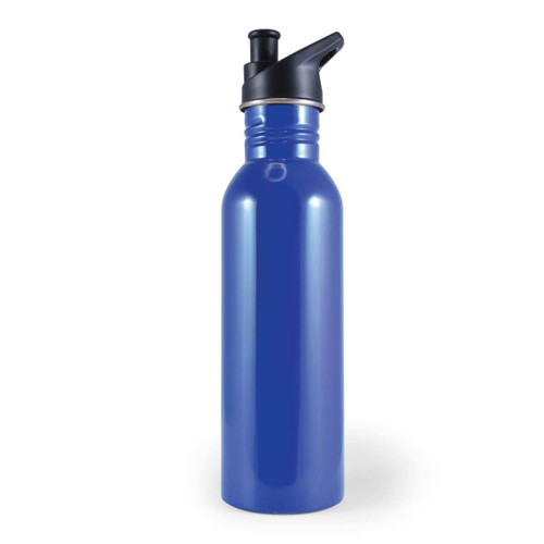 A drink bottle in a vibrant blue color with a black spout and cap, featuring a logo.