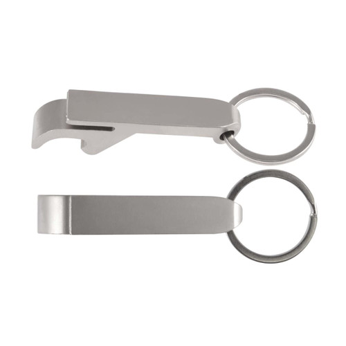 A drink bottle opener and keytag in silver, featuring a sleek design and a keyring attachment.
